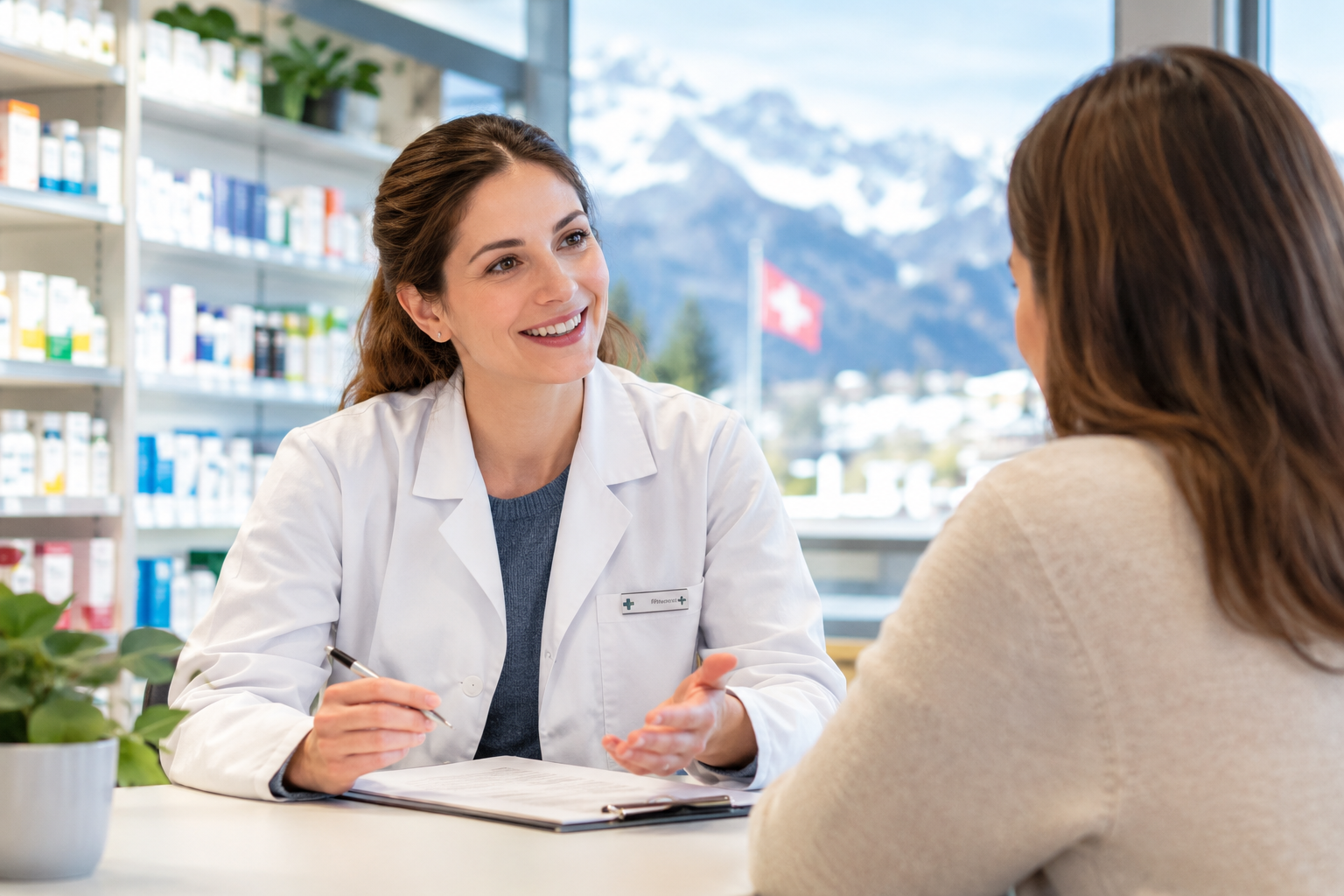 Illustrative scene of a pharmacist and interviewee in a Swiss pharmacy